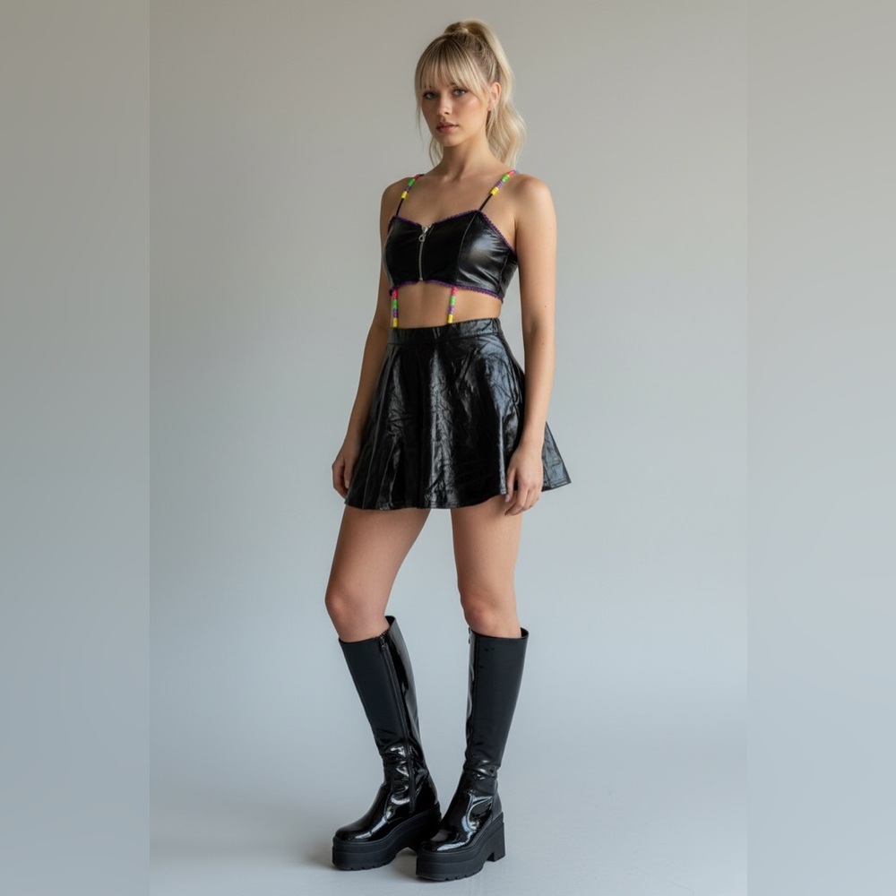 Current Mood Black Faux Leather cutout with beaded Accents S